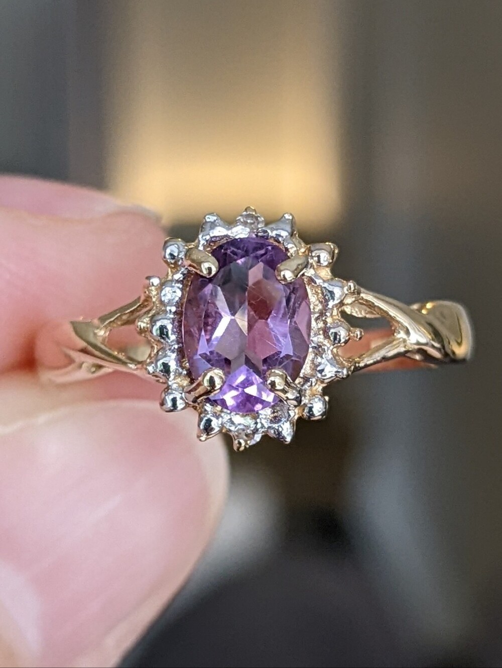 Antique 10K Gold Amethyst Ring With Diamond Accent